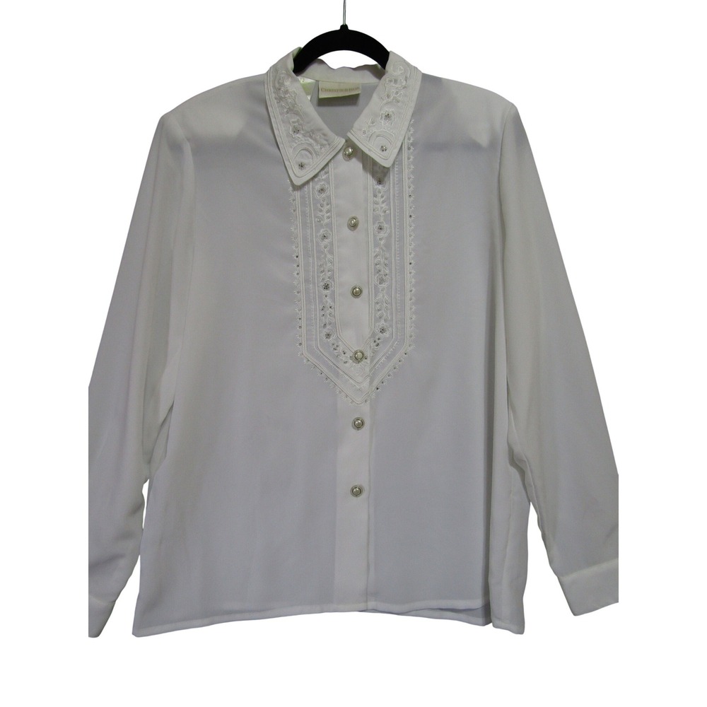 Christie & Jill Blouse Womens 12 White Good Vintage Pearl Button Embroidered Bib